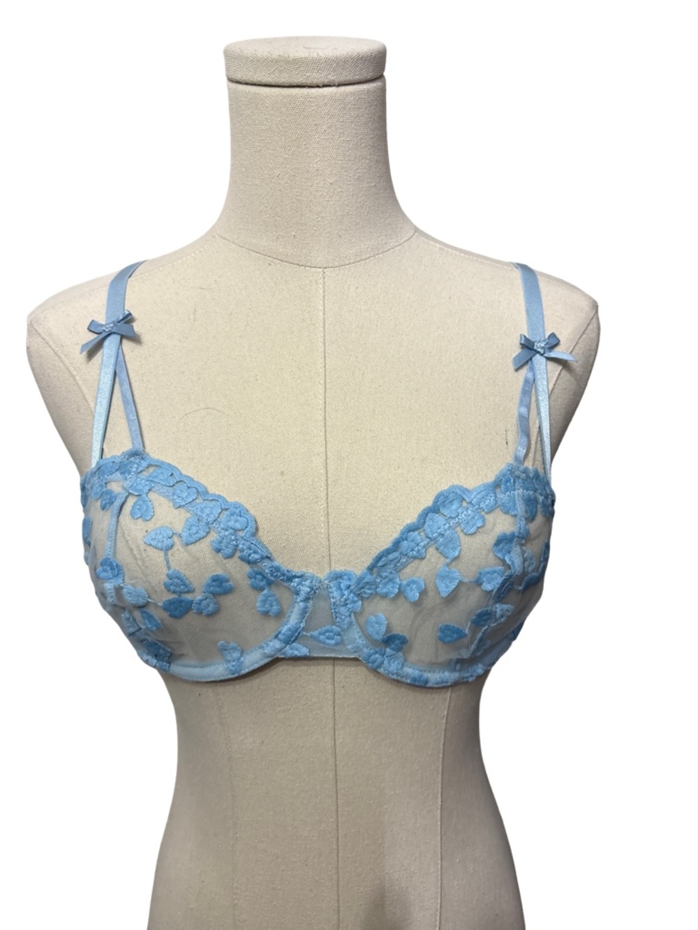 Avidlove Sheer Floral Lace Underwire Bra in Light Blue with matching panty NWT